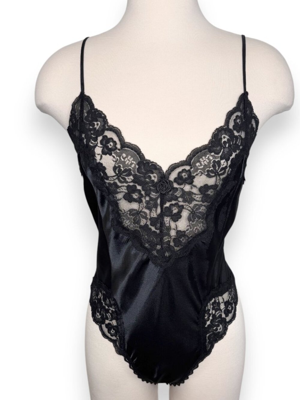 Black Satin Sheer Lace Inset Detail Teddy Bodysuit Lingerie Size Small